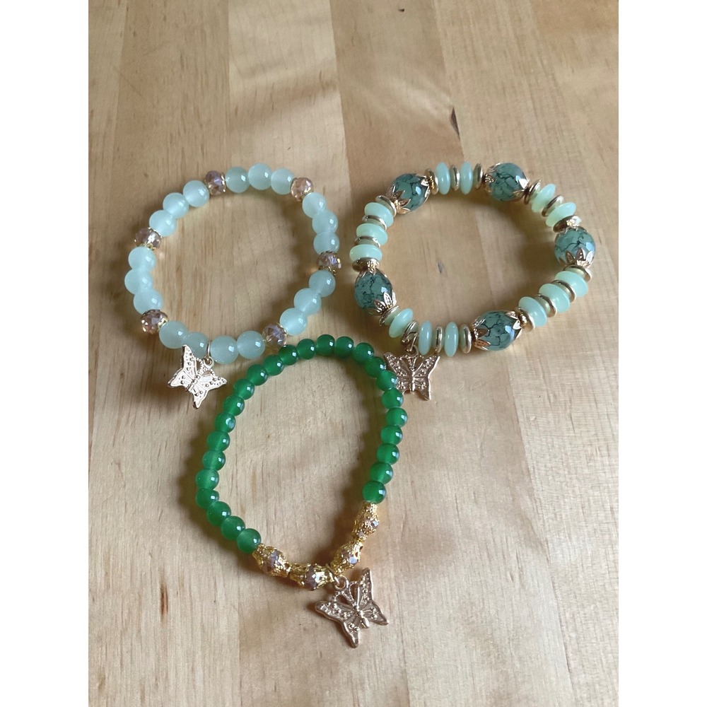 Green Beaded Butterfly Charm Stretch Bracelet Set 3pc Gold Tone Boho Stack